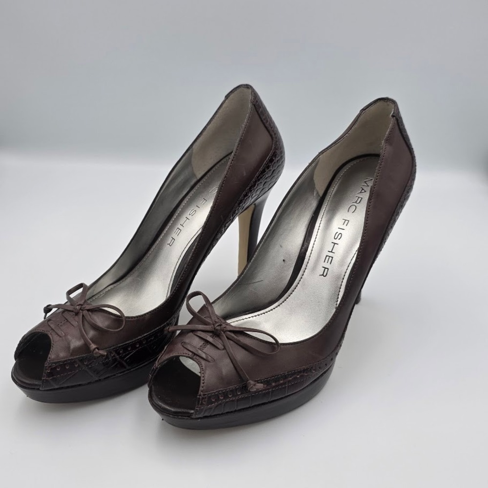 Marc Fisher Women Brown Peep Toe Bow Stiletto 7M Heels Platform‎ Dress Shoes